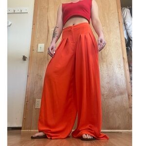 High-Waist Wide-Leg Pleated Pants in Bright Orange